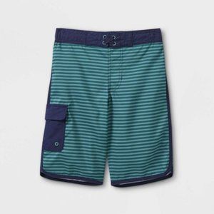 Cat & Jack Boys' Striped Board Shorts - Blue/Dark Green